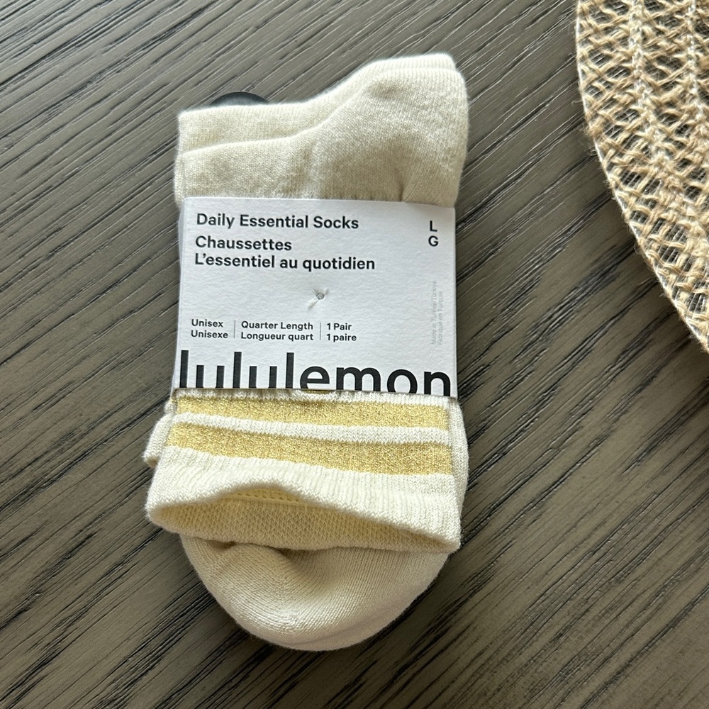 NWT Lululemon Daily Essentials Crew Socks With Gold Glitter Stripes
